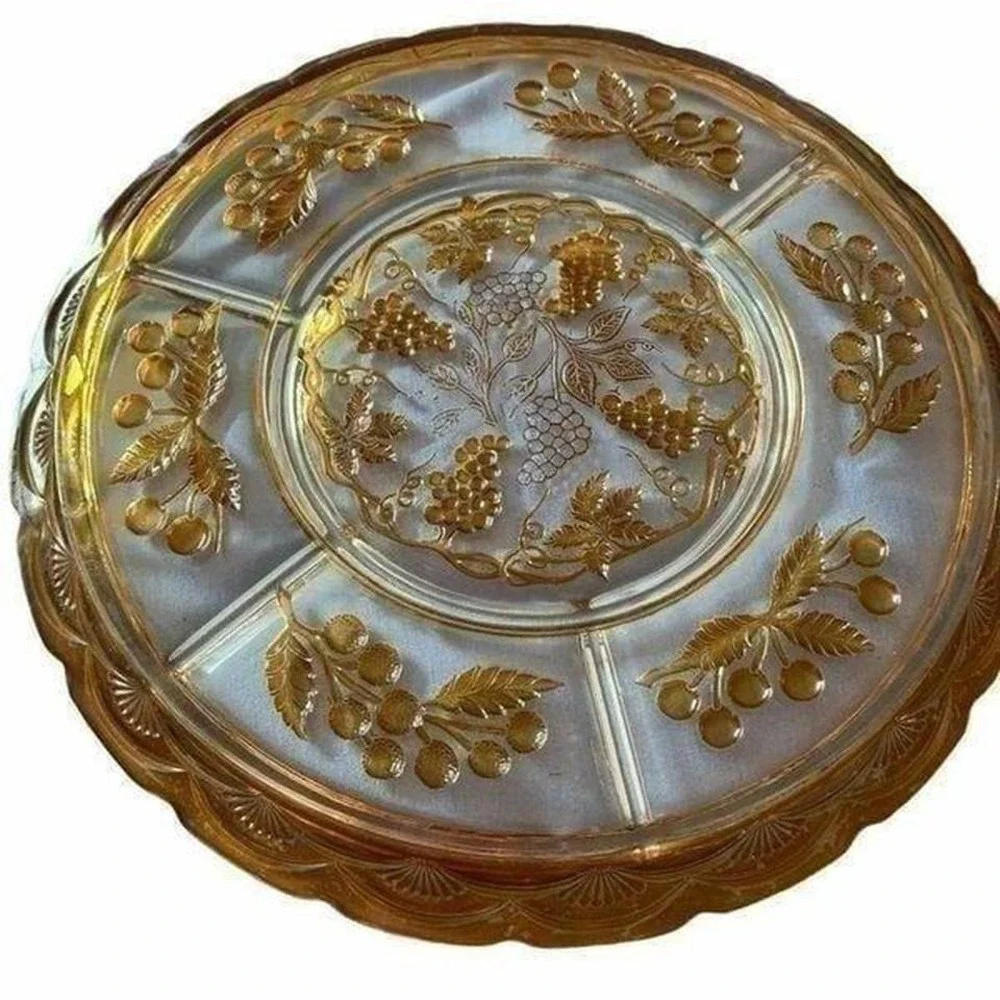 Antique 1930s (?) Holiday Sectioned Serving‎ Platter Etched Grapes Painted Glass